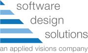 Alternating blue and white lines forming a triangle - Software Design Solutions logo in grey text - An applied visions company in grey text