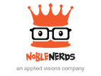 Noble Nerds logo An Applied Visions Company - orange crown and face with black square glasses and eyes